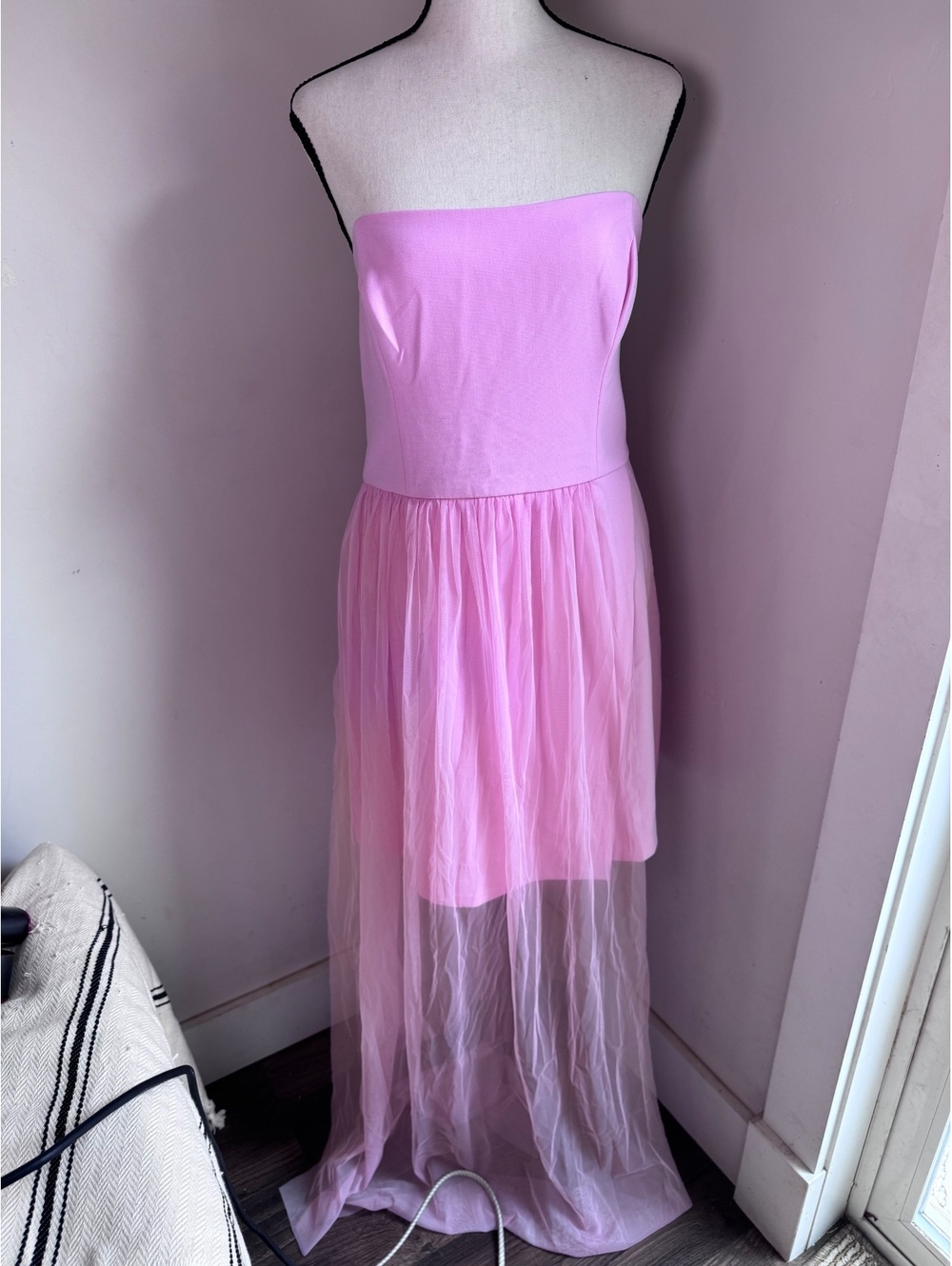 French Connection Women's Pink Strapless Midi Dress with Sheer Overlay- NWT